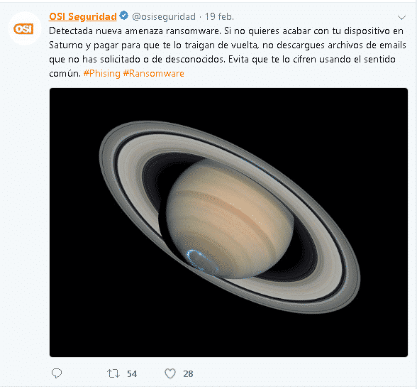 Tweet de la Oficina de Seguridad del Internauta con imagen de Saturno