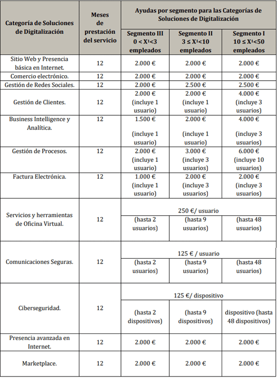 categorias y ayudas convocatoria IV Kit Digital